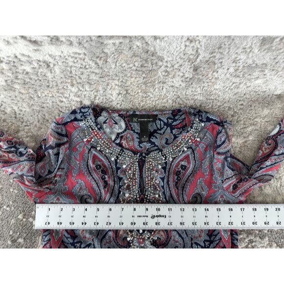 INC International Concepts Size M Paisley Keyhole Beaded Top Long Sleeve - Picture 4 of 7